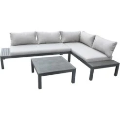 Gartenfreude Alu-Lounge Mit Latten In Holzoptik Aus PS Und Wasserabw. Kissen